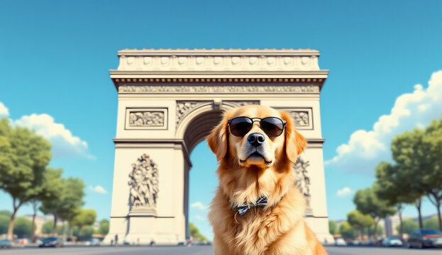 This image features a golden retriever wearing a stylish bow tie in front of the iconic Arc de Triomphe in Paris, capturing a charming blend of culture and companionship. Perfect for themes related to
