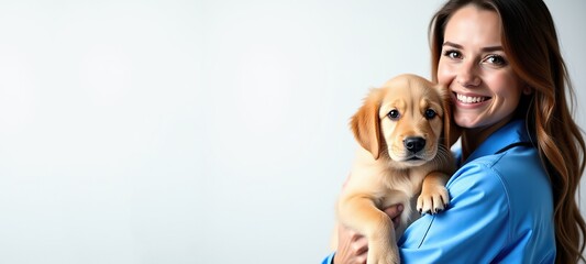 Happy vet with puppy, great for pet health banner.