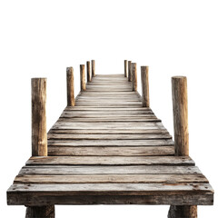 Fototapeta premium An isolated wooden pier stretching into a bright transparent background, symbolizing tranquility and solitude, Wooden Pier Isolated on transparent background