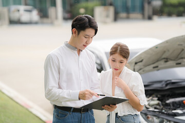 Roadside Assistance: A concerned woman receives assistance from a helpful roadside service technician, as they discuss the problem with her car. The image conveys trust and reassurance.