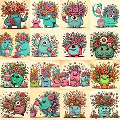 Fototapeta premium Monster with flowers cartoon. AI generated illustration