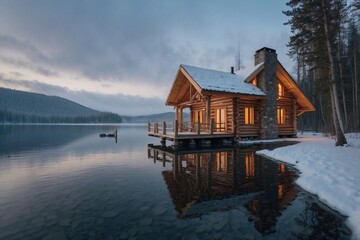 Fototapeta premium Wooden Log House in Minimalist Style by the Lakeshore on a Winter Day