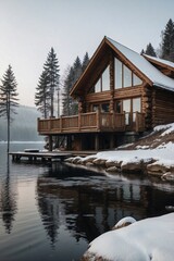 Obraz premium Wooden Log House in Minimalist Style by the Lakeshore on a Winter Day