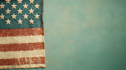 Worn American flag on blue textured background.