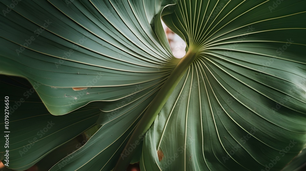 Poster beautiful close-up of large green palm leaves displaying intricate patterns and textures – a stunnin