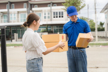 Delivery Service: Woman receiving packages from a courier. Safe and fast delivery of goods.  