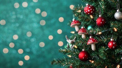 Close-up of a decorated Christmas tree with red and white ornaments, fairy lights, and mushroom-shaped decorations against a teal background.