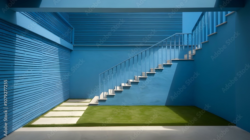 Poster modern architectural design featuring a bright blue staircase leading to a tranquil green space and 