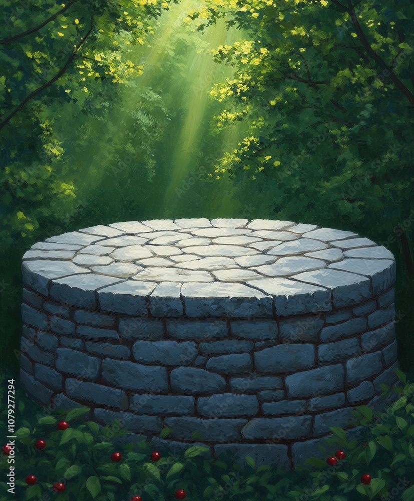 Poster serene ancient stone platform in forest setting