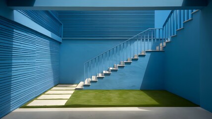 Obraz premium Modern Architectural Design Featuring a Bright Blue Staircase Leading to a Tranquil Green Space and Textured Walls – A Captivating Blend of Color and Structure