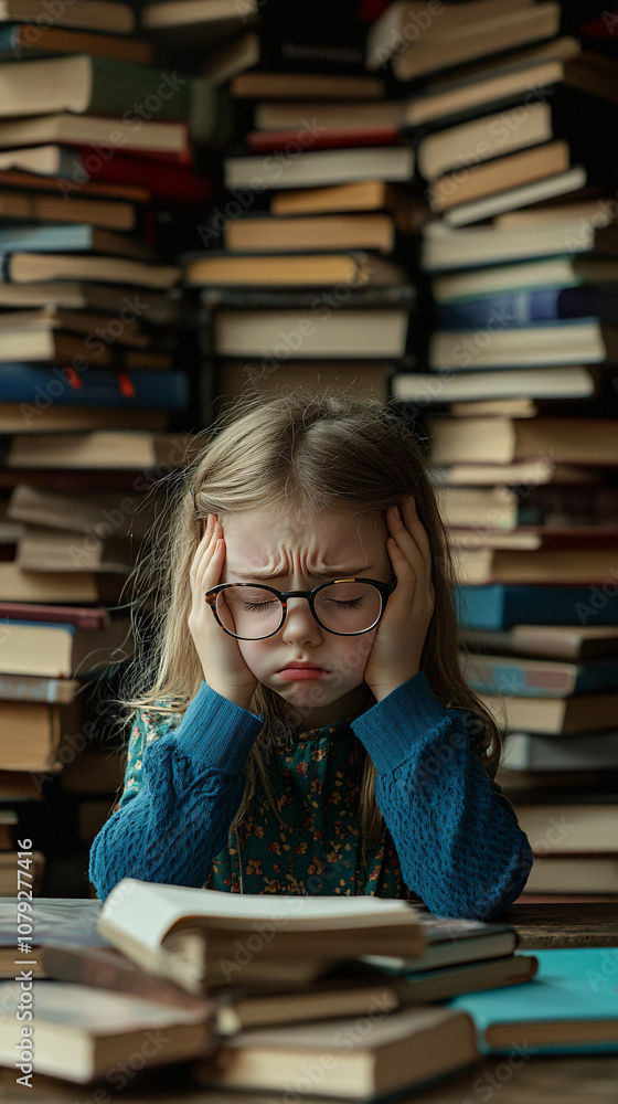 Poster exhausted elementary school student struggling with headaches and learning challenges while reading 