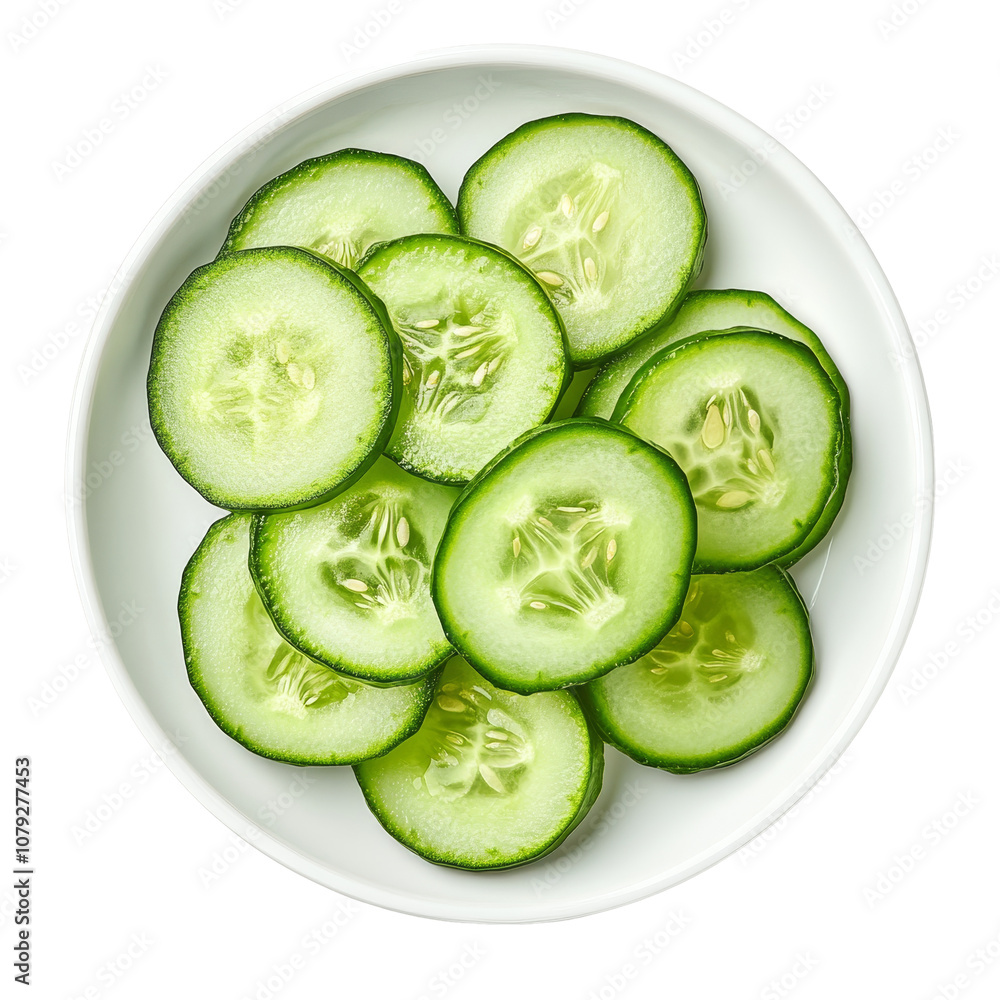 Poster fresh cucumber slices arranged neatly on a transparent plate, perfect for healthy snacking or adding