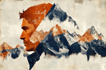 Surreal portrait of man’s face merging with mountains, exploration theme