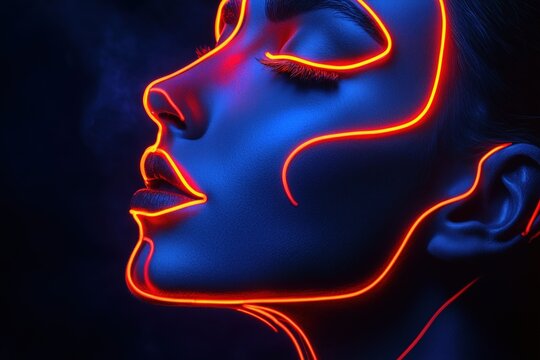 Side profile of a woman with neon face paint glowing under blacklight