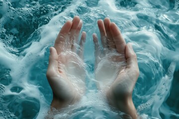 Fototapeta premium Close-up of hands held under bubbling water creating soft ripples