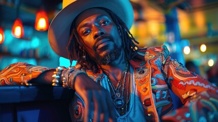Naklejka premium A man with dreadlocks and a hat, wearing a colorful patterned jacket, leans on a bar counter and looks at the camera.