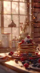 Naklejka premium A whimsical breakfast spread of pancakes stacked high, topped with fresh berries