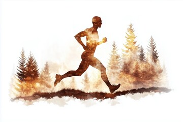 Silhouette of a runner in nature double exposure with forest background