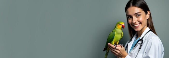 Female vet holding a green parrot, ideal for avian care poster.