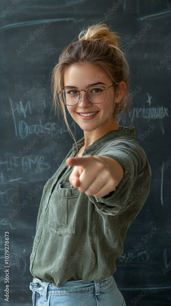Poster happy young student pointing at camera in classroom with formulas on chalkboard