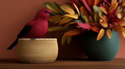 A red bird perched on the edge of a woven basket, next to a vase with colorful fall leaves, against a muted pink wall.