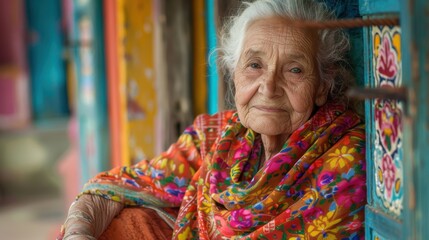 Fototapeta premium Against vibrant backgrounds, a dignified grandma's peaceful smile radiates with the serenity and fulfillment of a life well-lived