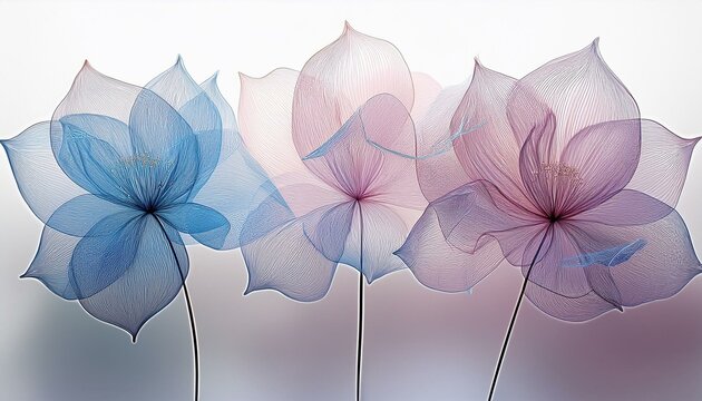 a set of three blue and pink flowers their petals translucent like gauze material with delicate lines outlined on the white background