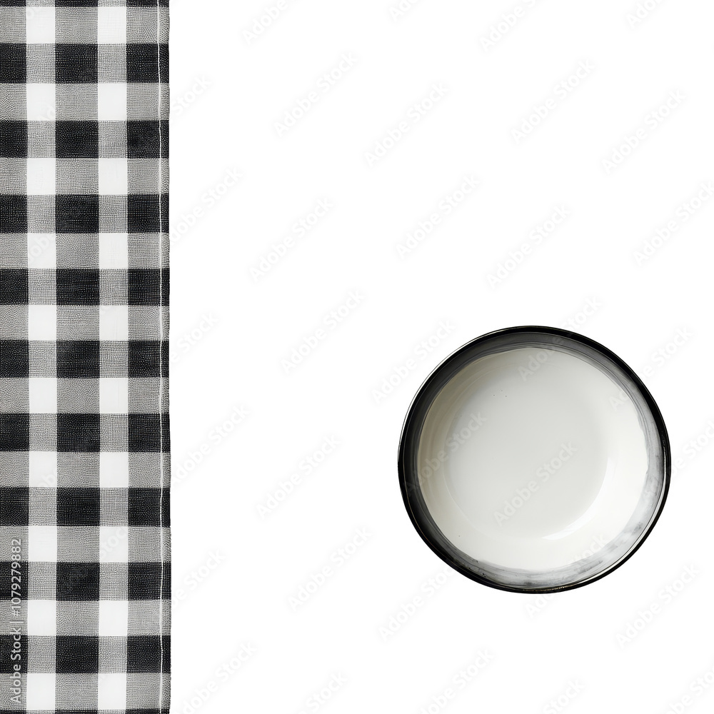 Poster top view of a cozy dining setup featuring a checkered tablecloth and a simple transparent plate on a