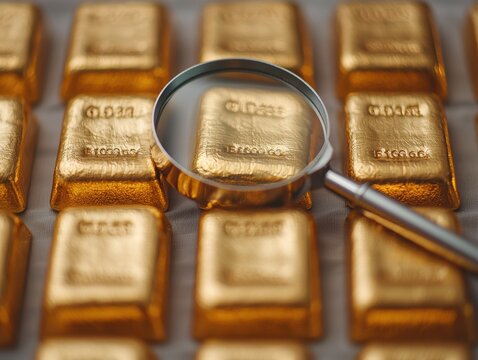Magnifying glass inspecting gold bars: wealth management and investment security