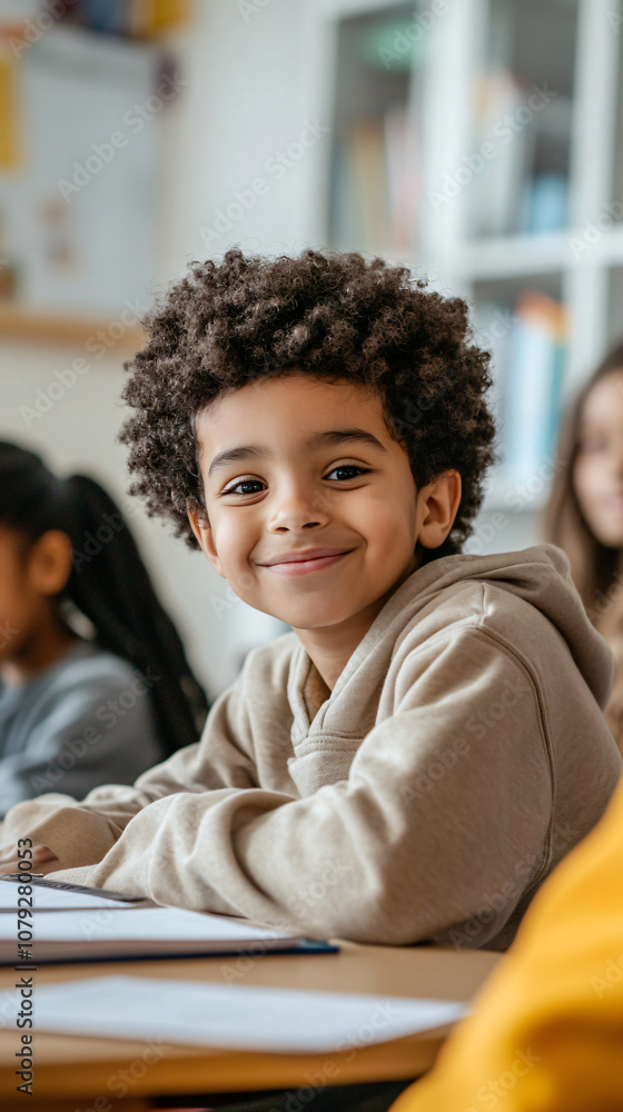 Poster portrait of a happy elementary school student smiling while sitting at a desk in a classroom