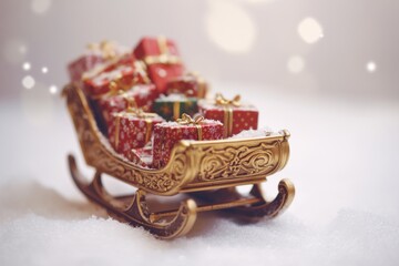 A beautifully decorated golden sleigh filled with vibrant red gift boxes creates a festive atmosphere. Celebrate the joy of giving this holiday season. Generative AI