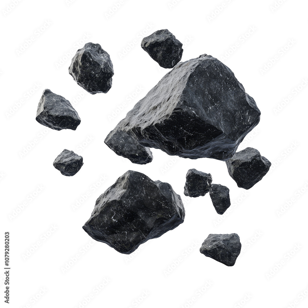 Poster flying black rocks isolated on a transparent background create an intriguing visual of natural eleme