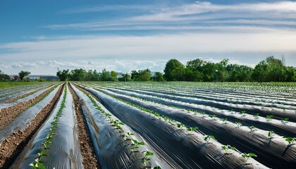 the vegetable field is covered with black plastic film which covers the growing plants and sprouts of green vegetables such as cucumber