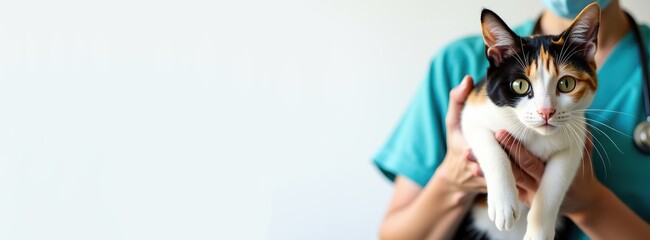Veterinarian with calico cat, perfect for pet care clinic banner.