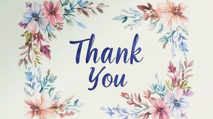 A simple thank-you card with a delicate watercolor floral border, featuring the words "Thank You" in elegant calligraphy on a soft pastel background.