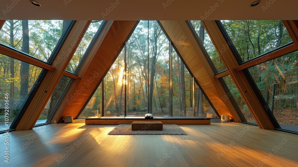 Poster a modern, triangular room with large windows showcasing a sunset through the trees.