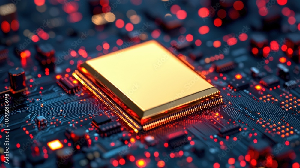 Poster Golden microchip illuminating circuit board: advanced technology and innovation