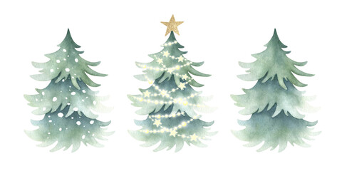 Obraz premium Christmas tree with festive golden star decoration on top and shining garland lights. Set of hand drawn watercolor isolated illustrations various spruces for New Year greeting cards and designs.