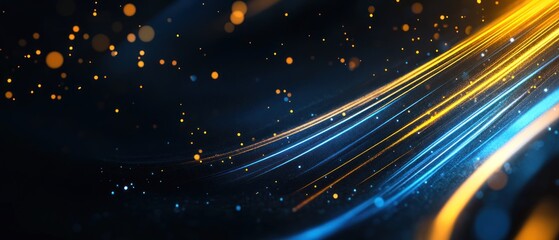 Abstract design with flowing lines and glowing particles.