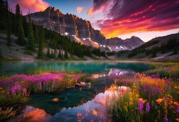 spectacular vibrant sunset illuminating tranquil mountain landscape rich colors breathtaking views beauty, sky, clouds, nature, horizon, reflection