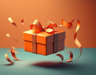 floating orange gift box with ribbon creative and minimalist design concept