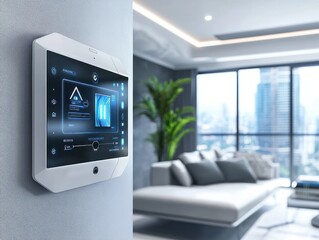 A modern living room with a wall-mounted home security control panel, displaying AI-driven alerts and live camera feeds.