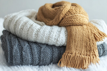 Mock-up of knitted scarves and hats, perfect for winter wear, showcasing cozy textures and seasonal style.