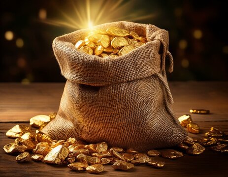 a burlap sack overflowing with shiny gold nuggets
