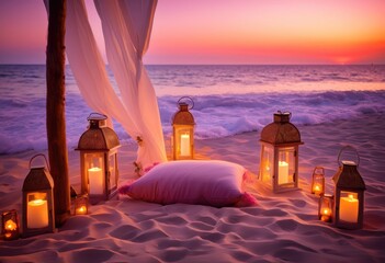 elegant sunset beach setup luxurious romantic getaway featuring cozy decorations scenic views, romance, luxury, ocean, nature, colors, lighting, tropical