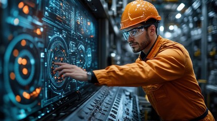 A worker wearing an orange jumpsuit and safety helmet engages with a high-tech digital control panel in a contemporary industrial setting, focusing intently on adjusting settings