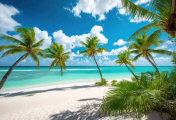 Fototapeta premium vibrant tropical beach scene featuring lush palm trees under clear blue skies soft white sand gentle ocean waves, sunny, summer, greenery, foliage, horizon