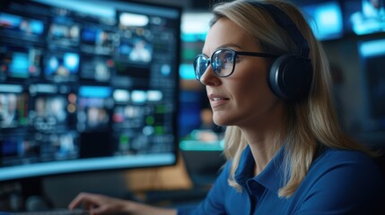 In a modern control room, a media professional wearing glasses and headphones focuses on multiple screens, managing live broadcasts and ensuring smooth operations during evening hours