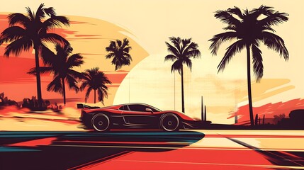 Dynamic Racing Car at Sunset with Palm Trees