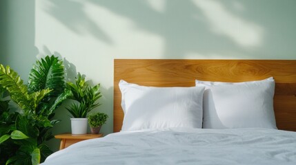 This cozy bedroom showcases a wooden bed frame adorned with fluffy white pillows, accompanied by vibrant green plants, creating a calming and inviting atmosphere in natural light